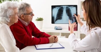 A doctor shows an older couple a lung X-ray