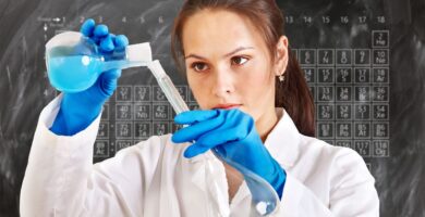 Woman chemist pouring liquid into a vial