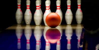 Bowling ball in front of pins