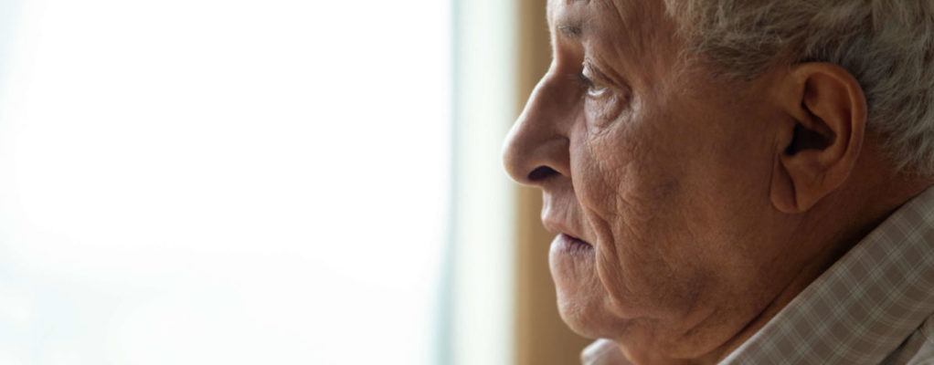 an old man stares out a window