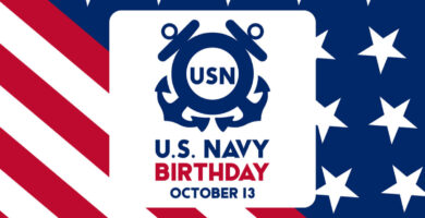 Text that reads "U.S. Navy Birthday October 13" behind an american flag backdrop