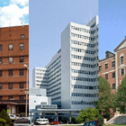 Exterior views of the VA Boston Healthcare System's three main locations. Different shots of three buildings are shown left to right.