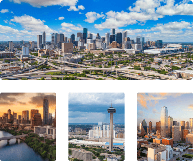 Downtown shots of Houston, Austin, San Antonio, and Dallas