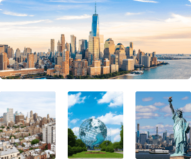 Shots of the Manhattan skyline with One World Trade Center, residential Brooklyn, the Unisphere in Queens, and the Statue of Liberty in New York Harbor