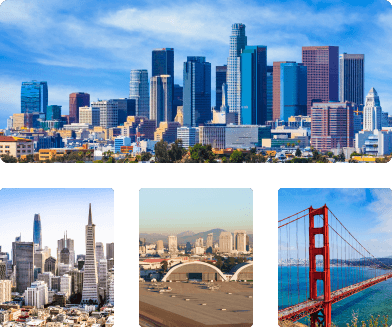 Shots of the downtown Los Angeles skyline, the business district in San Fransisco, North Island Naval Air Station in San Diego, and the Golden Gate Bridge spanning San Francisco Bay