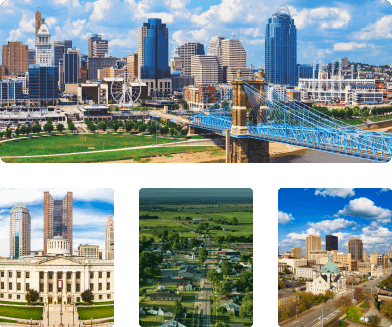 Shots of downtown Cincinnati, the Ohio State House in Columbus, farmland in Madison County, and downtown Dayton