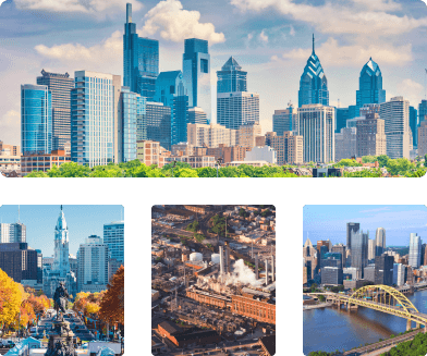 Shots of downtown Philadelphia, the Philadelphia City Hall Clock Tower, a Pennsylvania power plant, and downtown Pittsburgh
