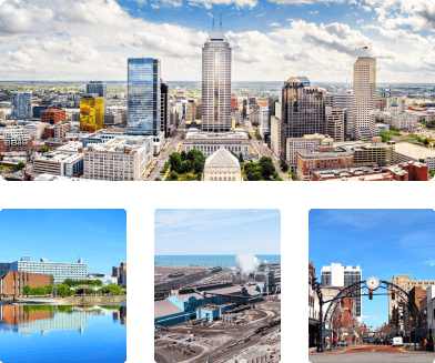 Shots of downtown Indianapolis, South Bend, an industrial plant in Gary, and the city of Evansville