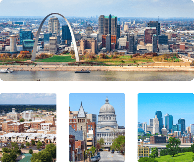 Shots of the Gateway Arch in St. Louis, an aerial view of Springfield, the Missouri State Capitol building in Jefferson City, and the Kansas City skyline