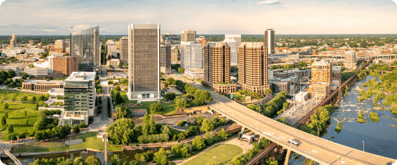 Aerial view of Richmond, Virginia, at sunset
