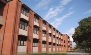 The exterior of an Army barracks building