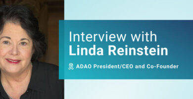 Photo of Linda Reinstein with text that reads Interview with Linda Reinstein ADAO President, CEO, and Co-founder