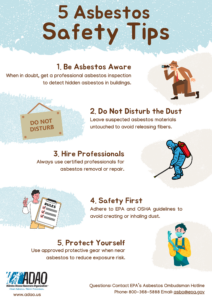 Infographic showing 5 asbestos safety tips recommended by the Asbestos Disease Awareness Organization (ADAO)