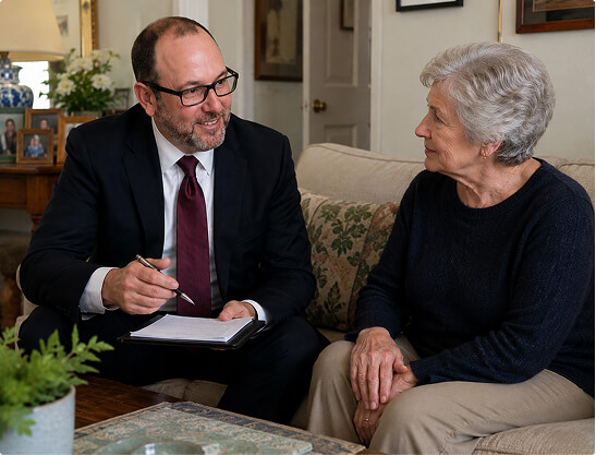 Attorney Nicholas Angelides sitting with a client