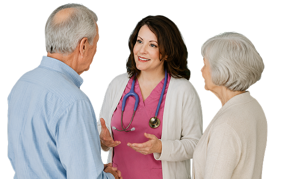 Oncology Nurse Navigator Liz Logan, RN, speaking with a patient and his loved one